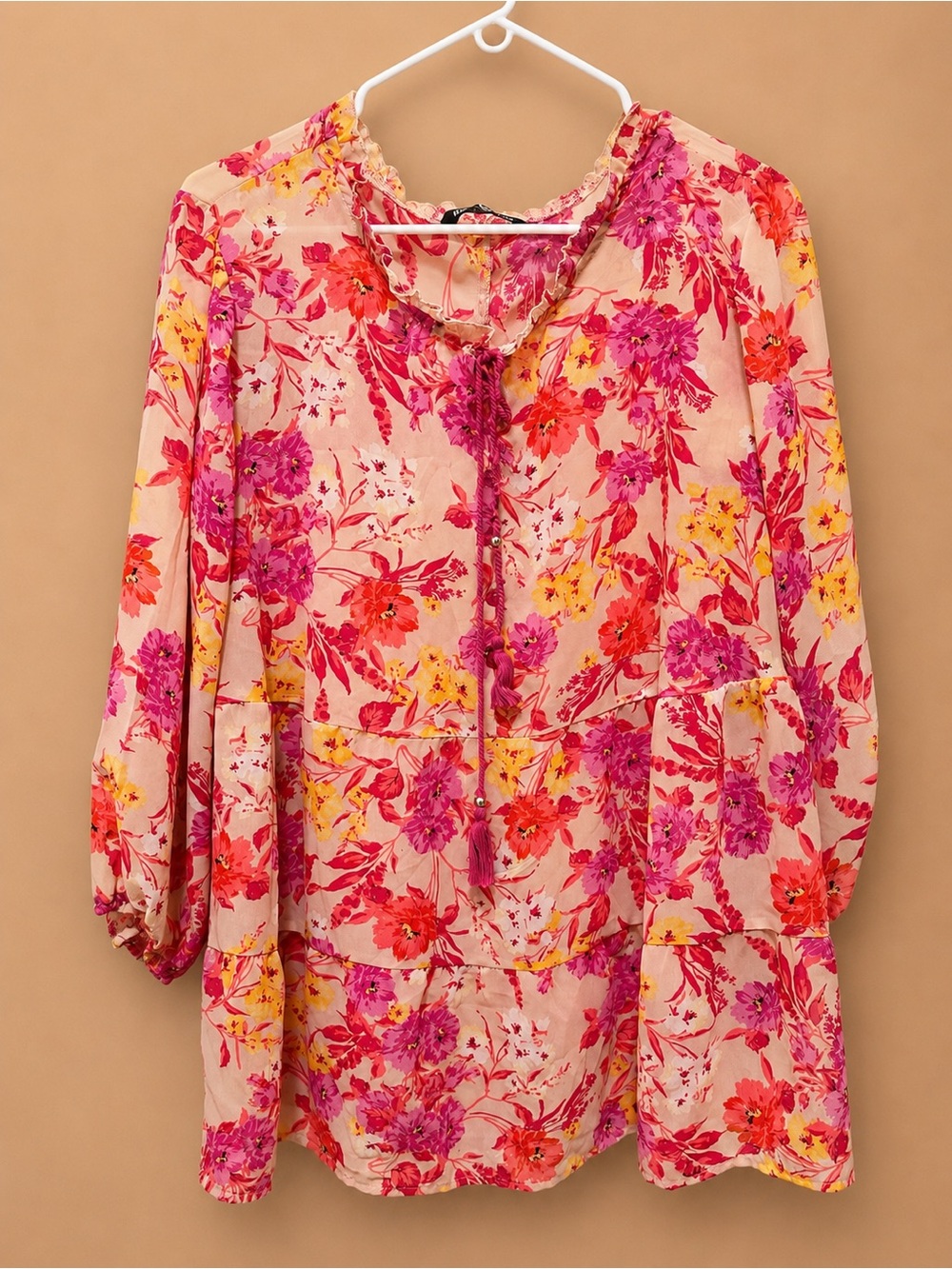 Unique Spectrum Pink & Yellow Floral Tie-Neck Tunic